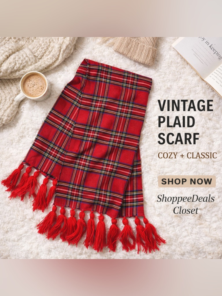 Vintage Red Plaid Tartan Fringe Scarf Shawl Wrap Boho Cozy